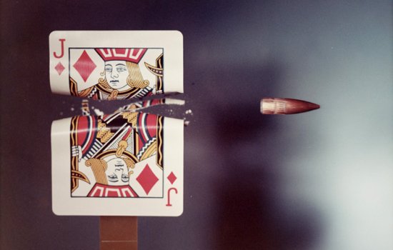 Jack of Diamonds playing card hit by a .30 calibre bullet, 1970, Dr Harold (Eugene) Edgerton, © Massachusetts Institute of Technology, National Science and Media Museum