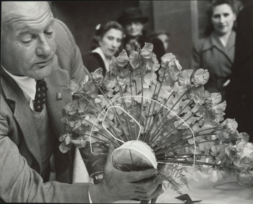 A man holding and inspecting an elaborate floral display in a fan shape
