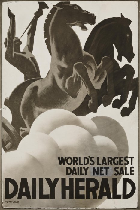 Daily Herald poster reading 'world's largest daily net sale' with illustration of horses