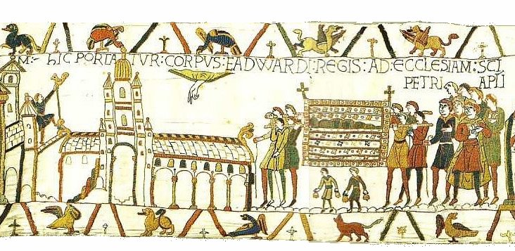 panel from a medieval tapestry showing the body of King Edward being carried into church