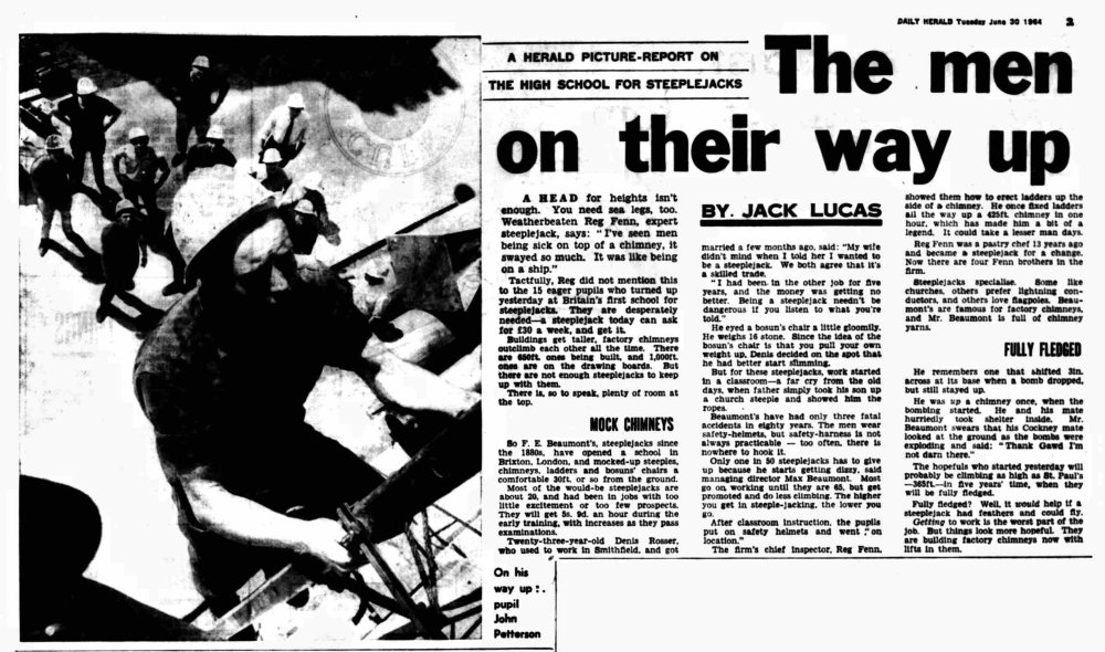 Daily Herald article titled 'The men on their way up' by Jack Lucas, reporting on Beaumont's school for steeplejacks
