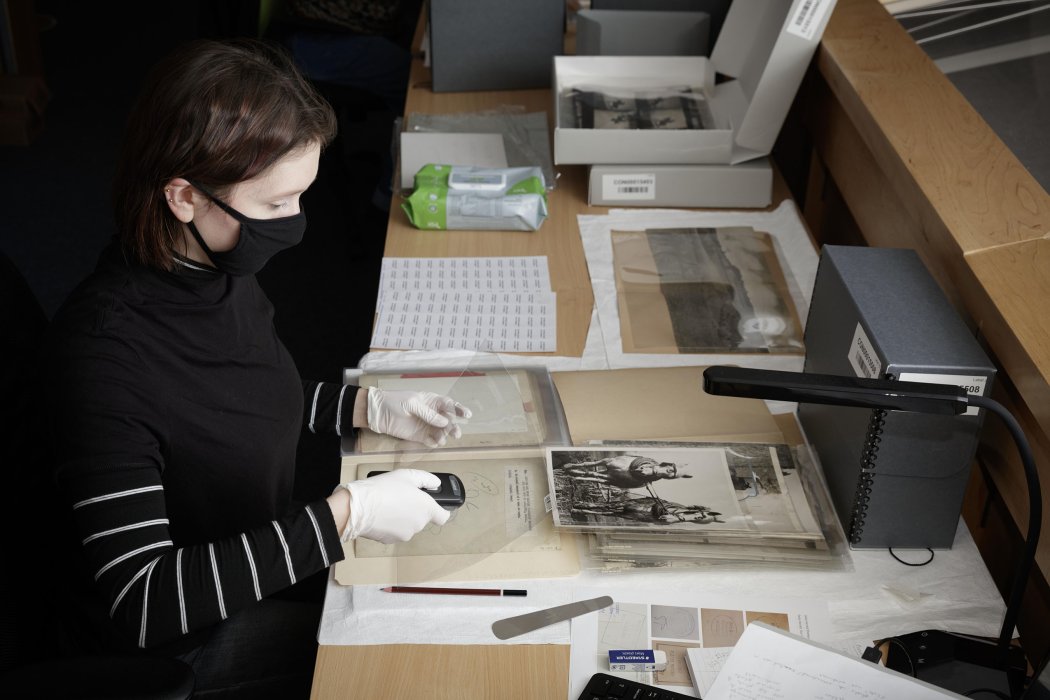 A woman looking at items on a desk, including the front and back of some Daily Herald photographs