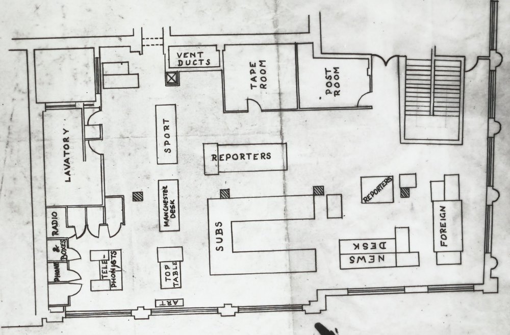 Floor plan of Daily Herald main office, sketch showing location of desks including reporters, subs, sport, news desks, plus tape room and post room