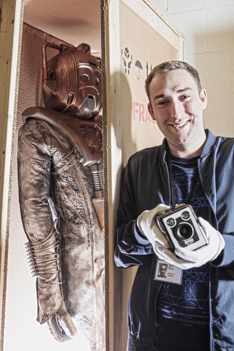 Image of a National Science and Media Museum volunteer with a Cyberman suit from Doctor Who