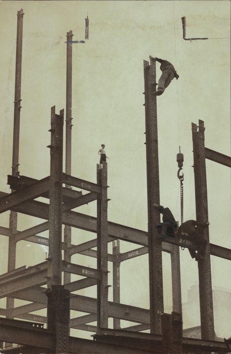 Workers building the new telephone exchange on Tottenham Court Road