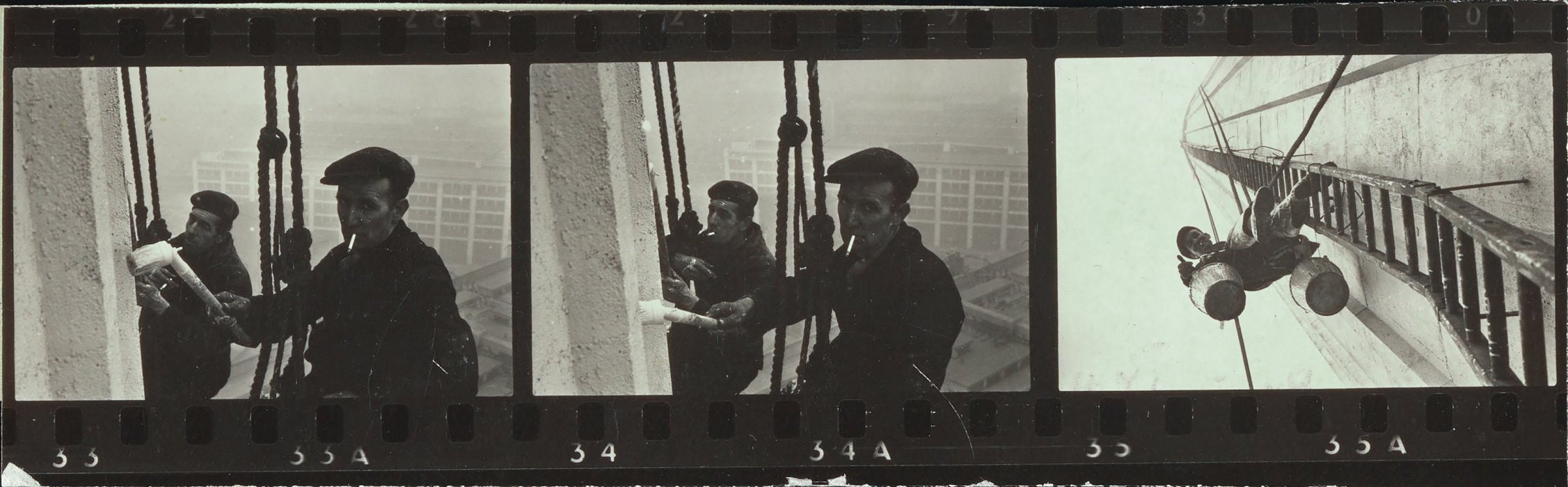 Partial contact sheet featuring images of steeplejacks painting one of the Battersea Power Station chimneys
