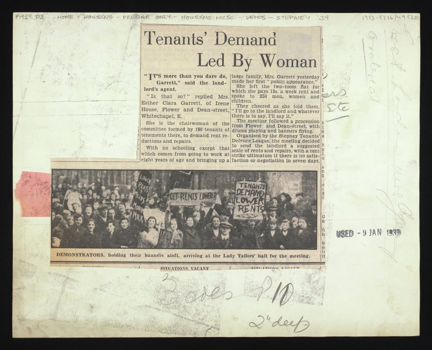Article clipped to back of photograph titled ‘Tenants’ Demand led by Woman’.