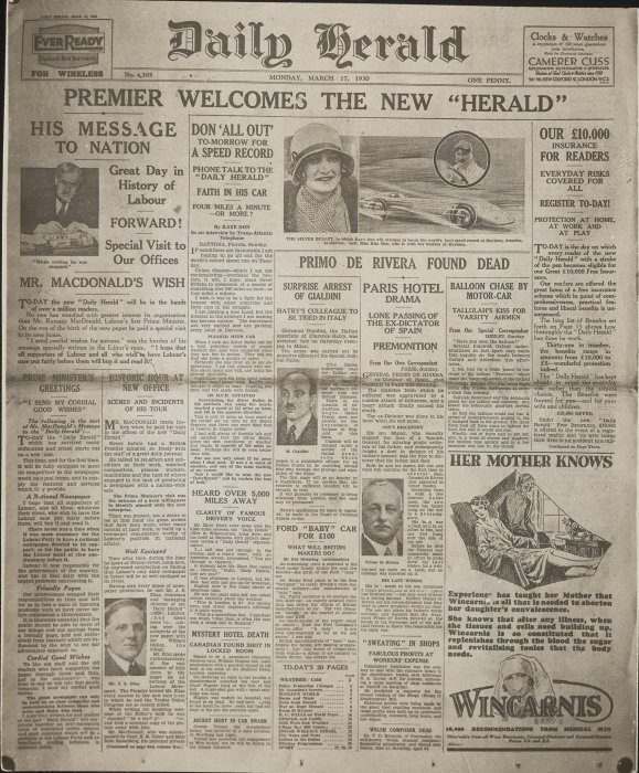 Daily Herald front page, 17 March 1930, with headline ‘Premier Welcomes the New “Herald”’